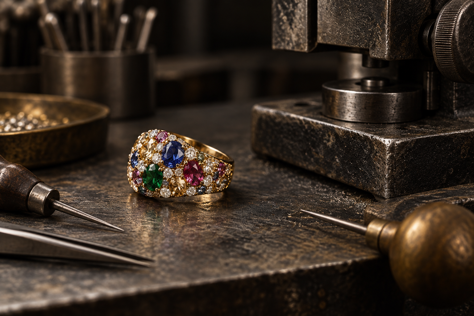 Jewellery ring on a dark workshop bench with hand tools