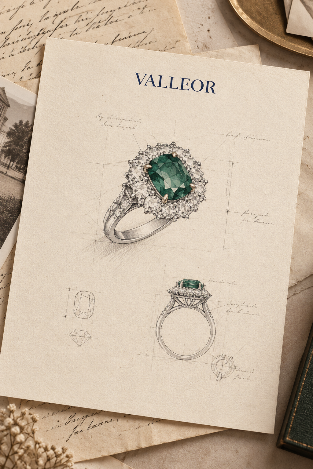 Valleor emerald ring design drawing printed on an archival paper sheet