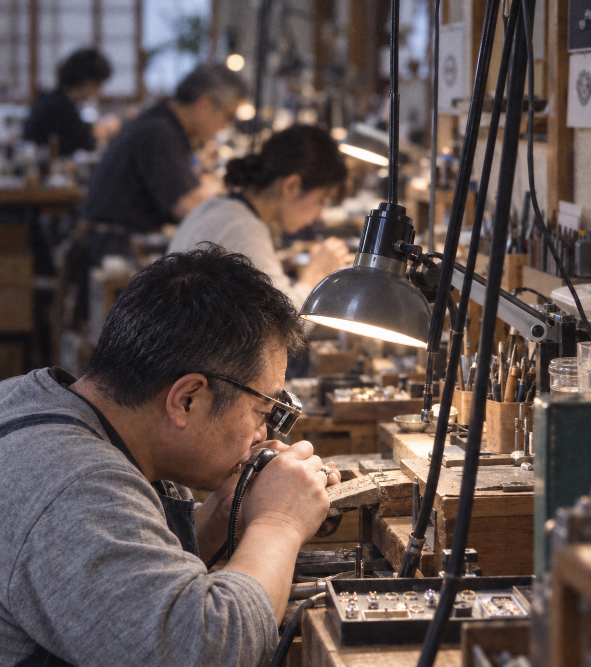 Jewellery craftsman working at a workshop bench